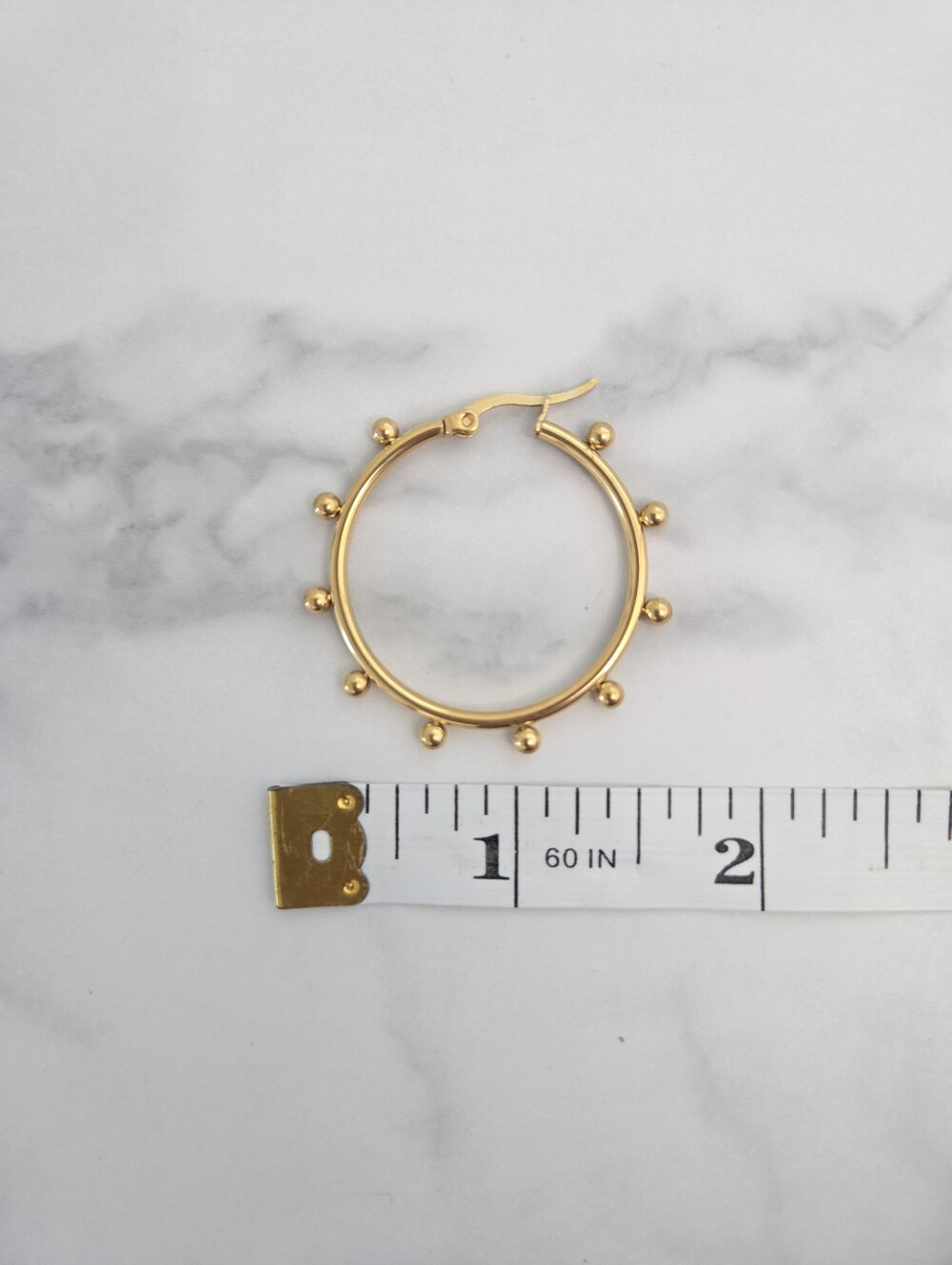 Gold Beaded Hoop Earrings Stainless Steel Studded Ball Hoops Womens Jewelry - Picture 9 of 9